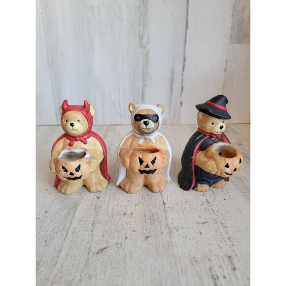 Ceramic ghost vampire witch bear candle holder Halloween set decor - Picture 1 of 13